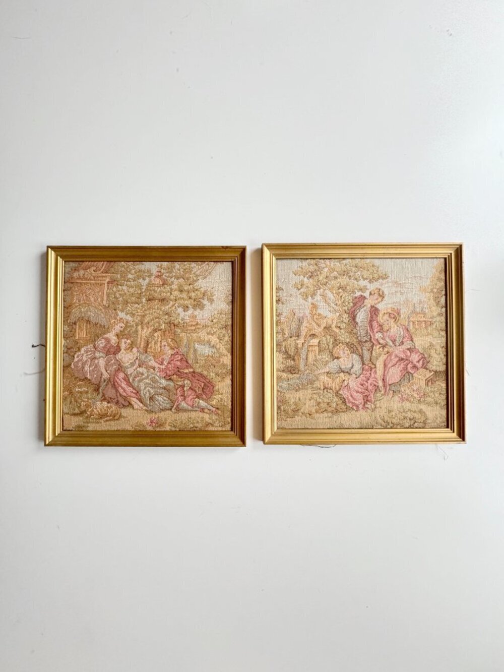 Pair of Vintage Antique French Pastoral Silk Aubusson Tapestry Wall Art Artwork